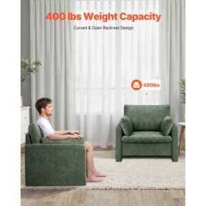green accent chair, modern upholstered accent chair with armrests, cloth arm chairs with thick cushion and arched backrest, single fabric armchair for living room, bedroom, study, office