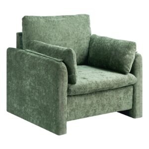 Green Accent Chair, Modern Upholstered Accent Chair with Armrests, Cloth Arm Chairs with Thick Cushion and Arched Backrest, Single Fabric Armchair for Living Room, Bedroom, Study, Office