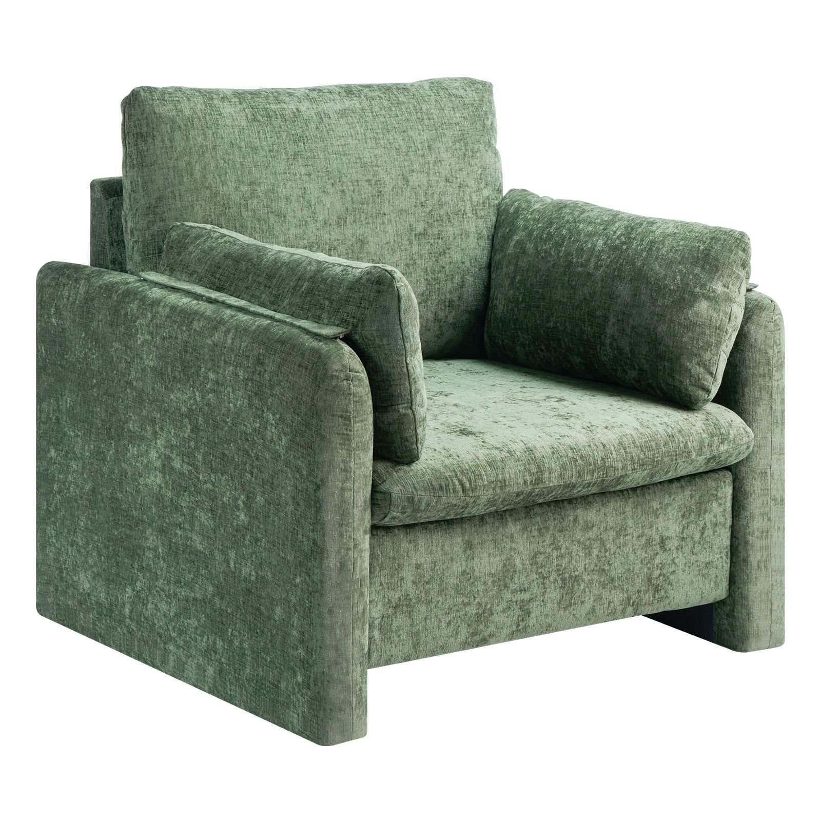 green accent chair, modern upholstered accent chair with armrests, cloth arm chairs with thick cushion and arched backrest, single fabric armchair for living room, bedroom, study, office