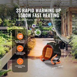 greenhouse heater, 1500w ptc fast heating with overheat protection, 3 speed setting small grow tent heater, electric portable heater fan for green house, flower room, workplace