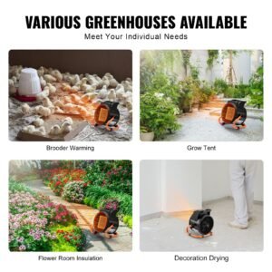 greenhouse heater, 1500w ptc fast heating with overheat protection, 3 speed setting small grow tent heater, electric portable heater fan for green house, flower room, workplace