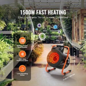 Greenhouse Heater with Thermostat, 1500W Fast Heating with Overheat Protection, 2-Speed Setting Small Grow Tent Heater, Electric Portable Heater Fan for Green House, Flower Room, Workplace