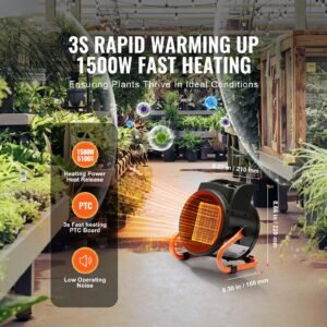 greenhouse heater with thermostat, 1500w ptc fast heating with overheat protection, 3 speed setting small grow tent heater, electric portable heater fan for green house, flower room, workplace