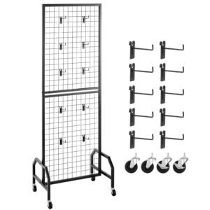 Grid Wall Panel, 1.9 x 5.4 ft Wire Grid Panels Display Rack, Movable Art Display Shelf with Wheels and 10 Hooks, Black Carbon Steel Gridwall for Craft Show, Decoration, Storage, Notice Board