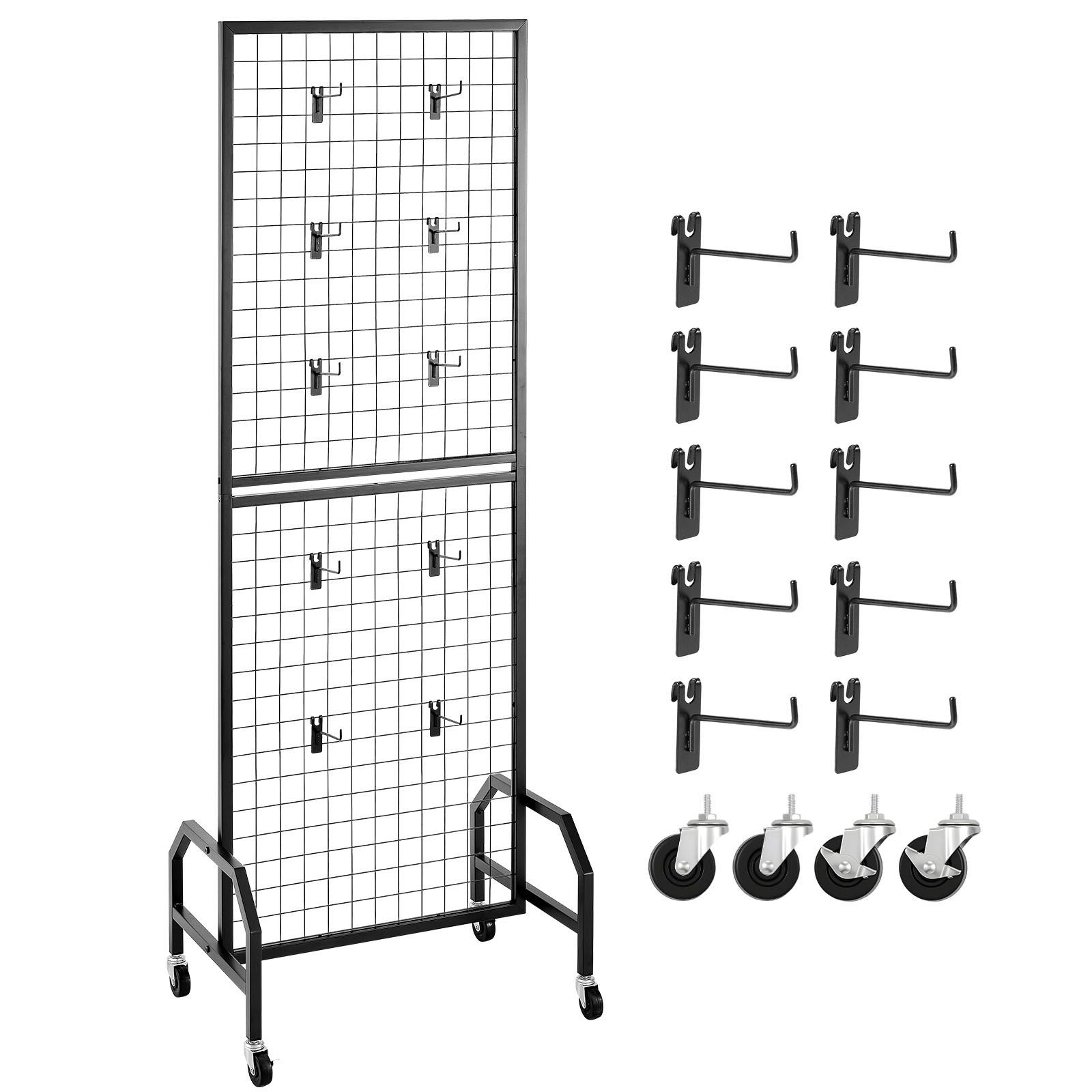 grid wall panel, 1.9 x 5.4 ft wire grid panels display rack, movable art display shelf with wheels and 10 hooks, black carbon steel gridwall for craft show, decoration, storage, notice board