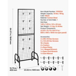 grid wall panel, 1.9 x 5.4 ft wire grid panels display rack, movable art display shelf with wheels and 10 hooks, black carbon steel gridwall for craft show, decoration, storage, notice board