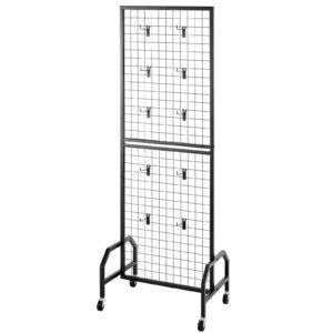 grid wall panel, 1.9 x 5.4 ft wire grid panels display rack, movable art display shelf with wheels and 10 hooks, black carbon steel gridwall for craft show, decoration, storage, notice board