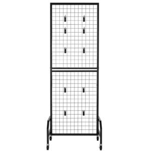 grid wall panel, 1.9 x 5.4 ft wire grid panels display rack, movable art display shelf with wheels and 10 hooks, black carbon steel gridwall for craft show, decoration, storage, notice board