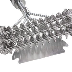 grill brush and scraper, bbq brush for outdoor grills, stainless steel woven wire, bristle free barbecue brushes for porcelain, charcoal, grate cleaner grill accessories, 17 in
