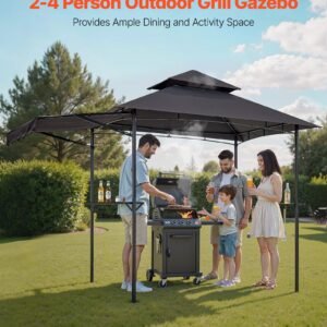 grill gazebo, 8 x 5 ft double tiered top, bbq gazebo with extra awning, powder coated steel patio grill shelter with 2 side shelves, bottle opener & hooks, outdoor grilling canopy for garden