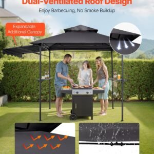 grill gazebo, 8 x 5 ft double tiered top, bbq gazebo with extra awning, powder coated steel patio grill shelter with 2 side shelves, bottle opener & hooks, outdoor grilling canopy for garden