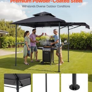 grill gazebo, 8 x 5 ft double tiered top, bbq gazebo with extra awning, powder coated steel patio grill shelter with 2 side shelves, bottle opener & hooks, outdoor grilling canopy for garden