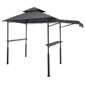 Grill Gazebo, 8 x 5 ft Double-Tiered Top, BBQ Gazebo with Extra Awning, Powder-Coated Steel Patio Grill Shelter with 2 Side Shelves, Bottle Opener & Hooks, Outdoor Grilling Canopy for Garden