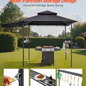 grill gazebo, 8 x 5 ft double tiered top, bbq gazebo with extra awning, powder coated steel patio grill shelter with 2 side shelves, bottle opener & hooks, outdoor grilling canopy for garden