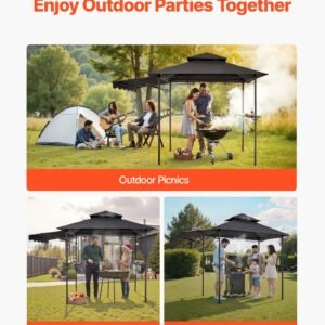 grill gazebo, 8 x 5 ft double tiered top, bbq gazebo with extra awning, powder coated steel patio grill shelter with 2 side shelves, bottle opener & hooks, outdoor grilling canopy for garden