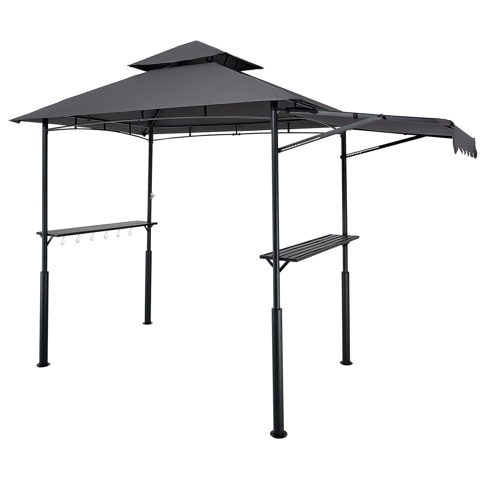 grill gazebo, 8 x 5 ft double tiered top, bbq gazebo with extra awning, powder coated steel patio grill shelter with 2 side shelves, bottle opener & hooks, outdoor grilling canopy for garden