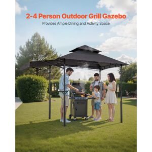 grill gazebo, 8 x 5 ft double tiered top, reinforced bbq gazebo with extra awning, powder coated steel patio grill shelter with 2 side shelves & hooks, outdoor grilling canopy for garden