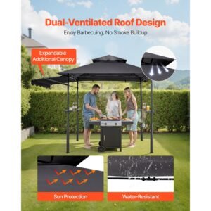 grill gazebo, 8 x 5 ft double tiered top, reinforced bbq gazebo with extra awning, powder coated steel patio grill shelter with 2 side shelves & hooks, outdoor grilling canopy for garden
