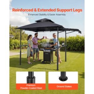 grill gazebo, 8 x 5 ft double tiered top, reinforced bbq gazebo with extra awning, powder coated steel patio grill shelter with 2 side shelves & hooks, outdoor grilling canopy for garden