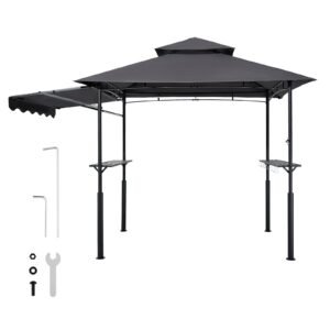 Grill Gazebo, 8 x 5 ft Double-Tiered Top, Reinforced BBQ Gazebo with Extra Awning, Powder-Coated Steel Patio Grill Shelter with 2 Side Shelves & Hooks, Outdoor Grilling Canopy for Garden