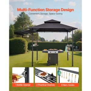 grill gazebo, 8 x 5 ft double tiered top, reinforced bbq gazebo with extra awning, powder coated steel patio grill shelter with 2 side shelves & hooks, outdoor grilling canopy for garden