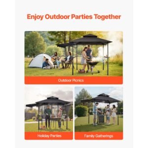 grill gazebo, 8 x 5 ft double tiered top, reinforced bbq gazebo with extra awning, powder coated steel patio grill shelter with 2 side shelves & hooks, outdoor grilling canopy for garden