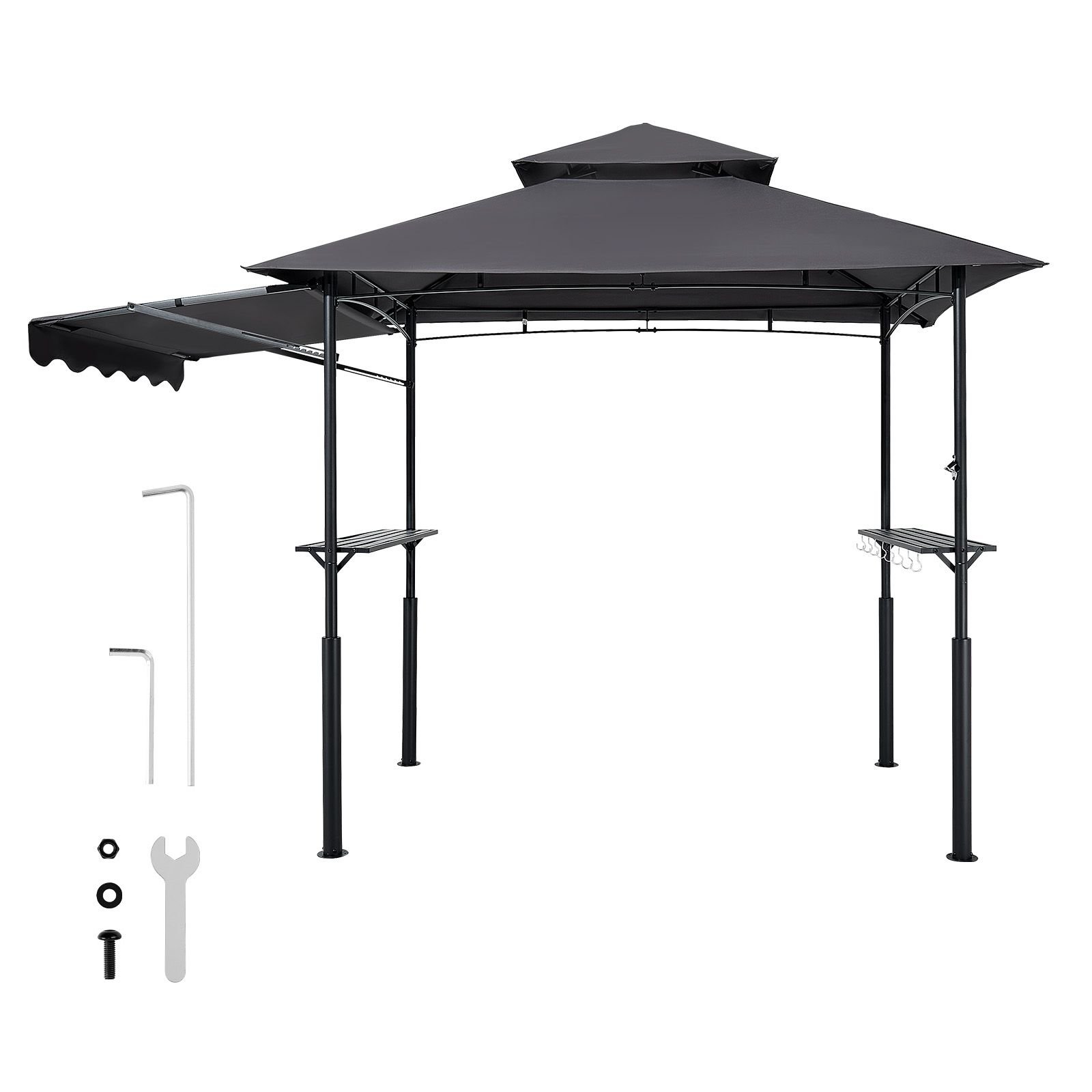 grill gazebo, 8 x 5 ft double tiered top, reinforced bbq gazebo with extra awning, powder coated steel patio grill shelter with 2 side shelves & hooks, outdoor grilling canopy for garden