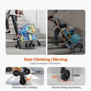 grocery shopping cart, 45l stair climbing shopping cart with 360° rolling swivel wheels, stair climber utility cart with tri wheels, foldable collapsible & lightweight for laundry travel, silver
