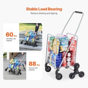 grocery shopping cart, 45l stair climbing shopping cart with 360° rolling swivel wheels, stair climber utility cart with tri wheels, foldable collapsible & lightweight for laundry travel, silver