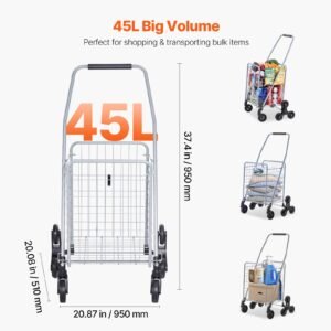 grocery shopping cart, 45l stair climbing shopping cart with 360° rolling swivel wheels, stair climber utility cart with tri wheels, foldable collapsible & lightweight for laundry travel, silver