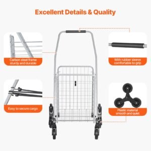 grocery shopping cart, 45l stair climbing shopping cart with 360° rolling swivel wheels, stair climber utility cart with tri wheels, foldable collapsible & lightweight for laundry travel, silver