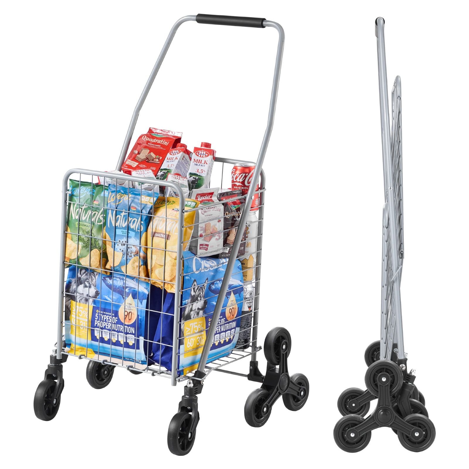 grocery shopping cart, 45l stair climbing shopping cart with 360° rolling swivel wheels, stair climber utility cart with tri wheels, foldable collapsible & lightweight for laundry travel, silver