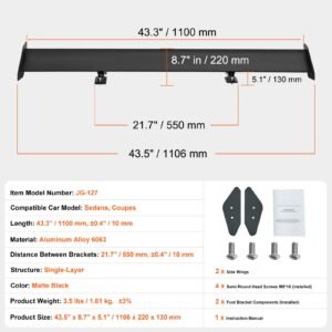 gt wing car spoiler, 43.3 inch universal spoiler with single deck, adjustable lightweight aluminum, car rear spoiler wing, racing spoiler bgw/jdm drift black