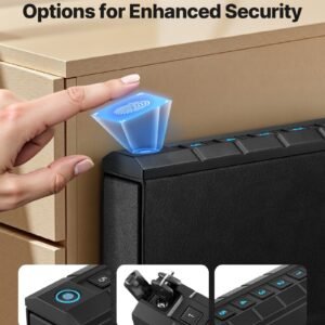 gun safe, slider handgun gun safe with fingerprint/password/key, 3 way quick access firearm case box with lighting for 1 pistol & magazine, mounted pistol gun box for nightstand bedside desk car
