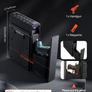 gun safe, slider handgun gun safe with fingerprint/password/key, 3 way quick access firearm case box with lighting for 1 pistol & magazine, mounted pistol gun box for nightstand bedside desk car