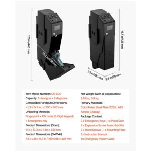 gun safe, slider handgun gun safe with screen, fingerprint/password/key, 3 way quick access firearm case box with led for 1 pistol & magazine, mounted gun box for nightstand bedside desk car