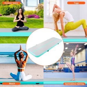 gymnastics air mat, 4 inch thickness inflatable gymnastics tumbling mat, tumble track with electric pump, training mats for home use/gym/yoga/cheerleading/beach/park/water, 10 ft, mint green