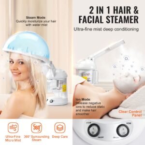 hair steamer, 2 in 1 professional hair & facial steamer with detachable bonnet hood, nano ionic & uv ozone face steamer with 360° rotatable sprayer for salon spa home beauty