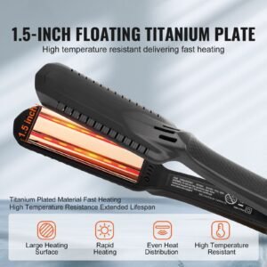 hair straightener, 1.5 inch titanium flat iron, dual infrared hair straightener flat iron with lcd display and 19 temp levels 210 to 450 f, fast heating hair iron for salon home travel use