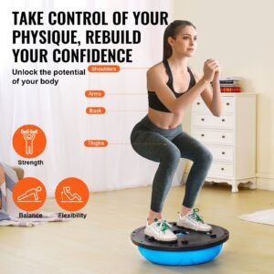 half exercise ball trainer, 23 inch balance ball trainer, 660 lbs capacity stability ball, yoga ball with resistance bands and pump, strength fitness ball for home gym, full body workouts, blue