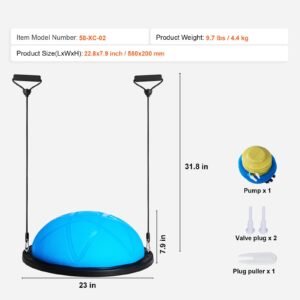 half exercise ball trainer, 23 inch balance ball trainer, 660 lbs capacity stability ball, yoga ball with resistance bands and pump, strength fitness ball for home gym, full body workouts, blue