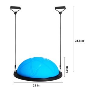 half exercise ball trainer, 23 inch balance ball trainer, 660 lbs capacity stability ball, yoga ball with resistance bands and pump, strength fitness ball for home gym, full body workouts, blue