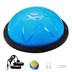 half exercise ball trainer, 23 inch balance ball trainer, 660 lbs capacity stability ball, yoga ball with resistance bands and pump, strength fitness ball for home gym, full body workouts, blue