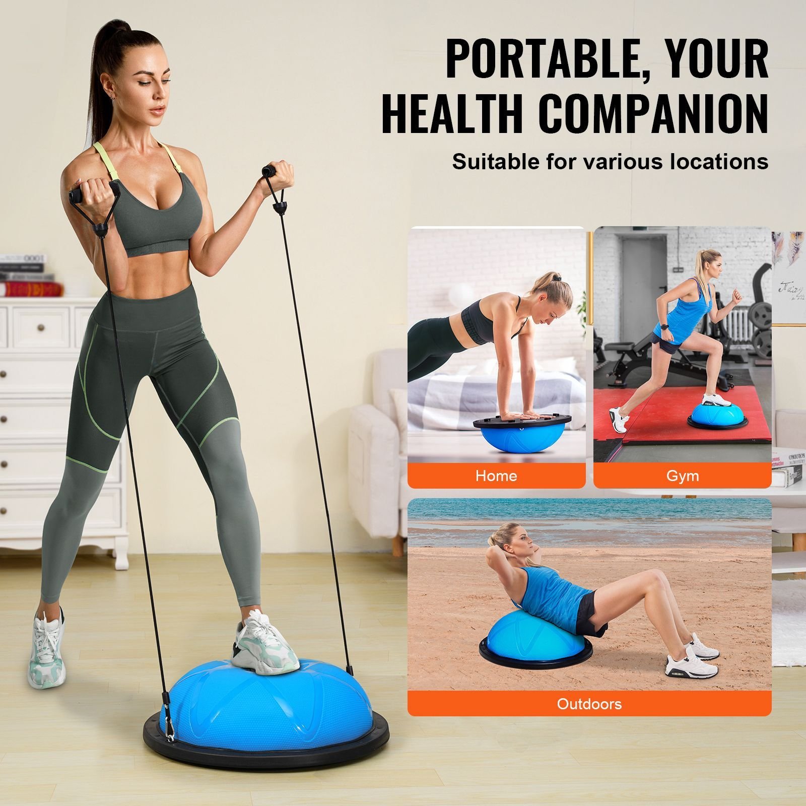 half exercise ball trainer, 23 inch balance ball trainer, 660 lbs capacity stability ball, yoga ball with resistance bands and pump, strength fitness ball for home gym, full body workouts, blue
