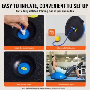 half exercise ball trainer, 23 inch balance ball trainer, 660lbs capacity stability ball, yoga ball with resistance bands & foot pump, strength fitness ball for home gym, full body workout, blue