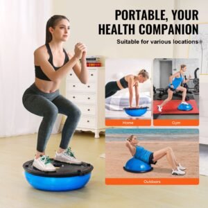 half exercise ball trainer, 23 inch balance ball trainer, 660lbs capacity stability ball, yoga ball with resistance bands & foot pump, strength fitness ball for home gym, full body workout, blue