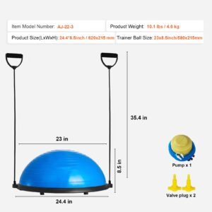 half exercise ball trainer, 23 inch balance ball trainer, 660lbs capacity stability ball, yoga ball with resistance bands & foot pump, strength fitness ball for home gym, full body workout, blue