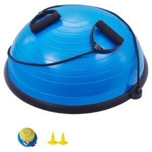half exercise ball trainer, 23 inch balance ball trainer, 660lbs capacity stability ball, yoga ball with resistance bands & foot pump, strength fitness ball for home gym, full body workout, blue