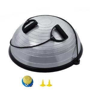 half exercise ball trainer, 23 inch balance ball trainer, 660lbs capacity stability ball, yoga ball with resistance bands & foot pump, strength fitness ball for home gym, full body workout, gray
