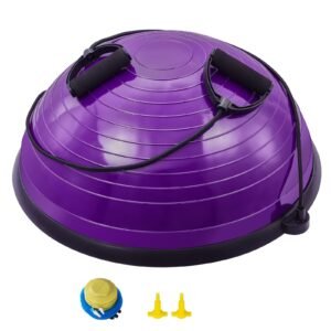 half exercise ball trainer, 23 inch balance ball trainer, 660lbs stability ball, yoga ball with resistance bands & foot pump, strength fitness ball for home gym, full body workout, purple